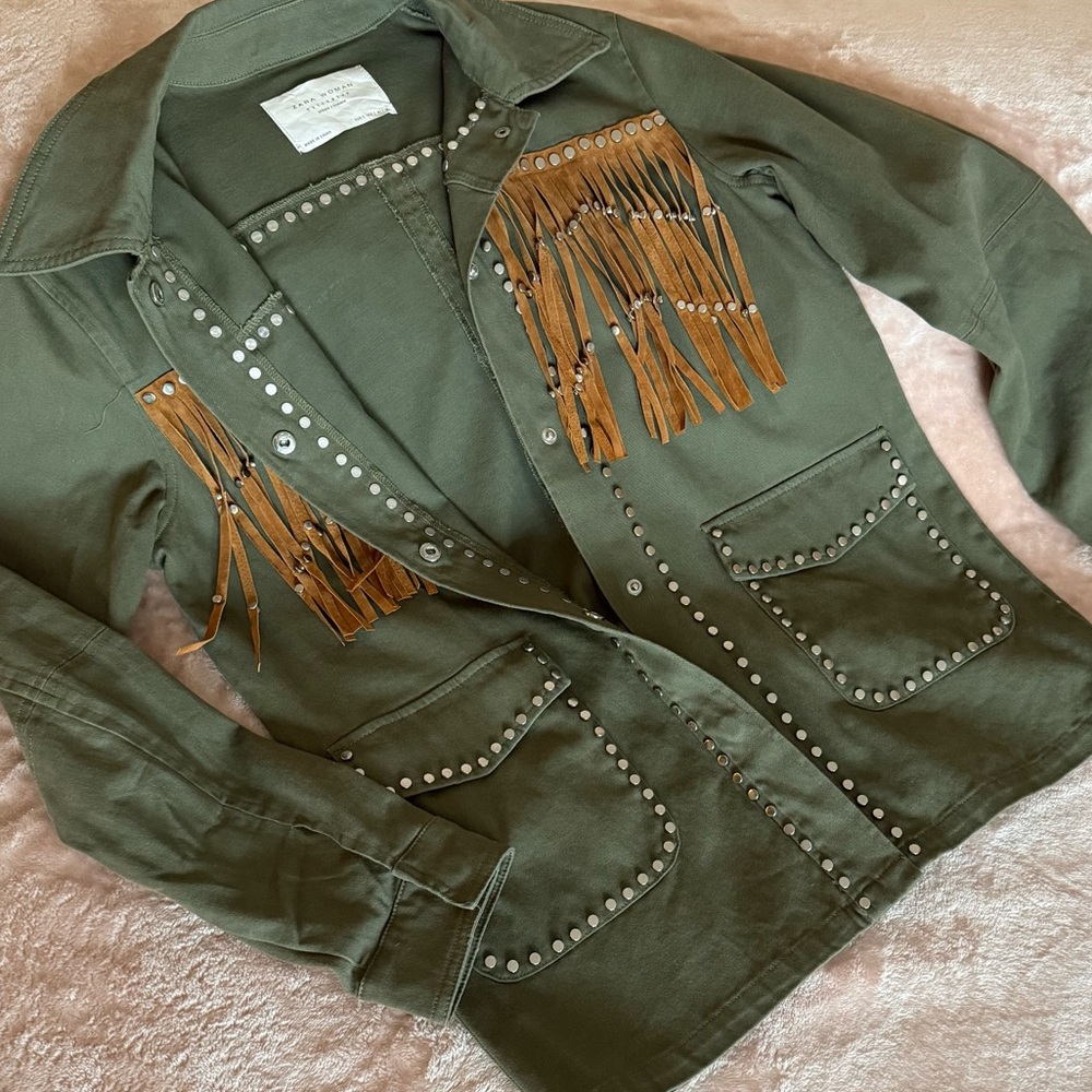 EUC Zara ZW Collection Military Studded Jacket with Fringe Khaki - Size S - Picture 10 of 10